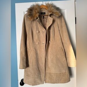 Le Chateau Beige Suede Coat with Faux Fur Collar